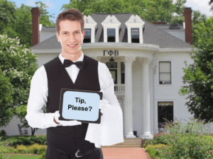  Frat Brother On Door Presents Tablet, Asks if You Would Like to Tip 15, 18, or 20 Percent for Rejection Experience